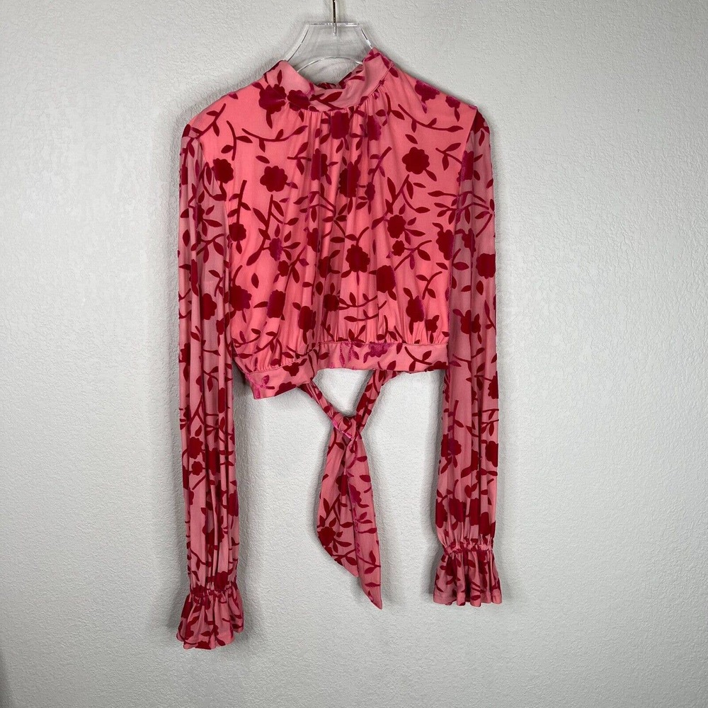 Finders Crop Top Size Small Pink/Red Burn Out Velvet Floral Long Sleeve Tie Back